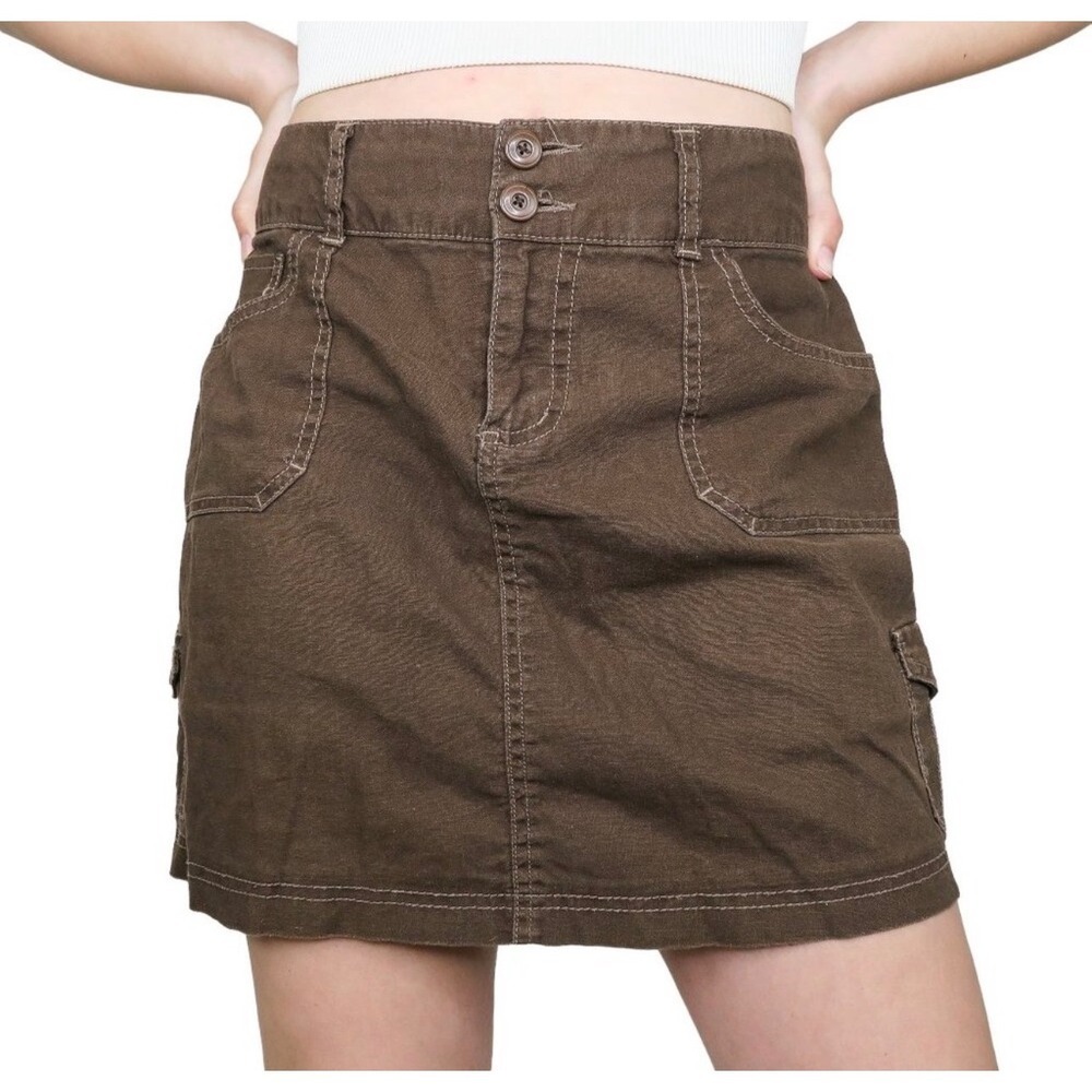 Beau Brown Linen Blend Cargo Mini Skirt Size 8 Low Rise Y2K Utility M9884A6I